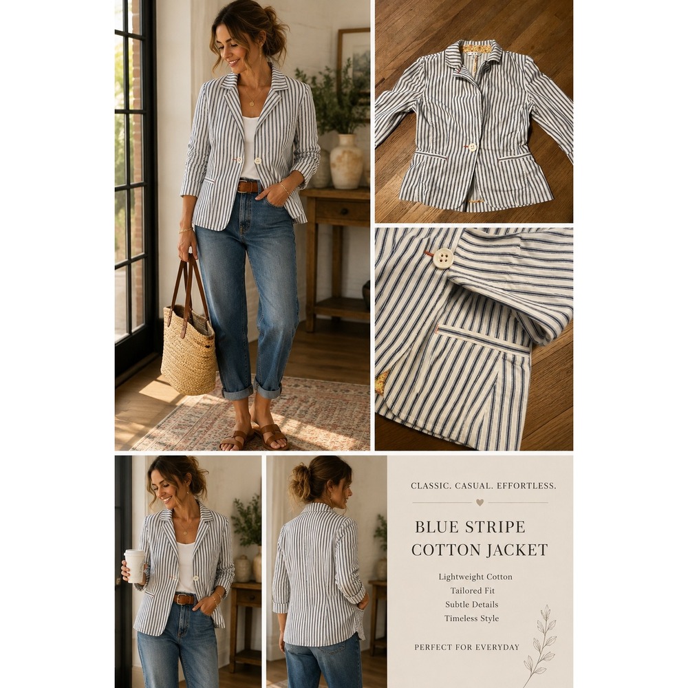 Cabi Blue Stripe Cotton Jacket Preppy Blazer Navy White Tailored Blazer Size 2